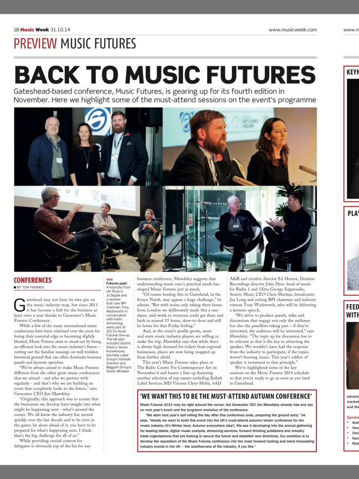 Music Futures Conference images featured in Music Week - 31st October 2014